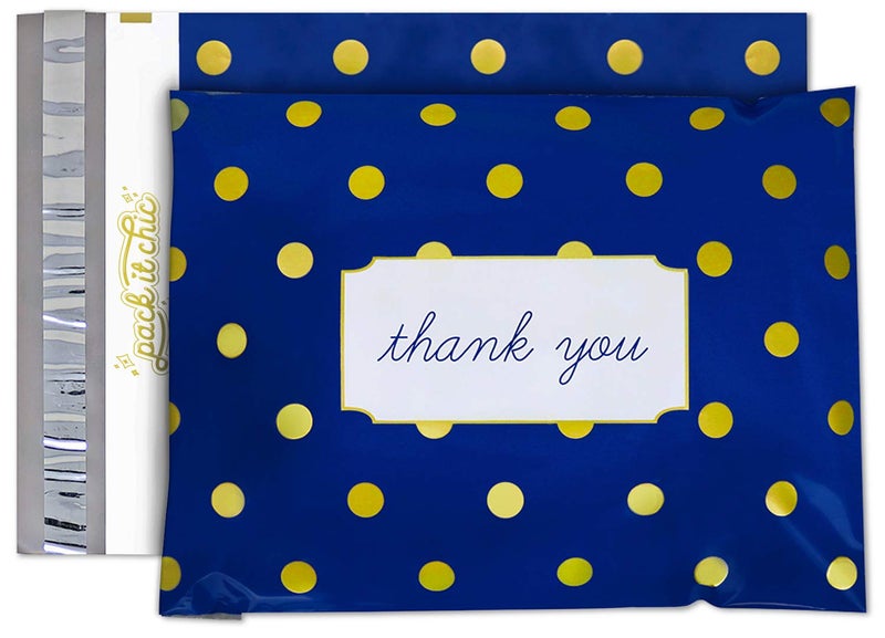 Pack It Chic - 10X13 (100 Pack) Navy Polka Dot - Thank You Poly Mailer Envelope Plastic Custom Mailing & Shipping Bags - Self Seal - Image 1